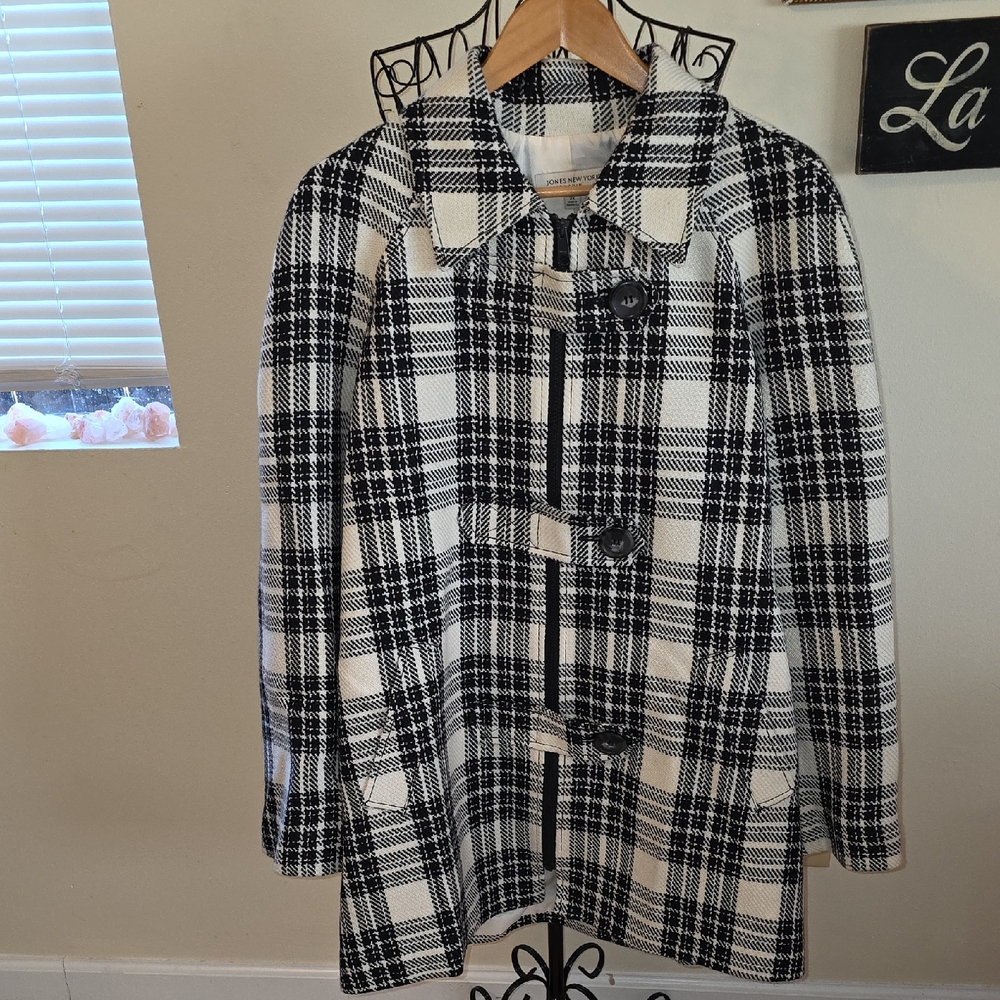 Jones New York Black & White Plaid Pea Coat Womens 2X